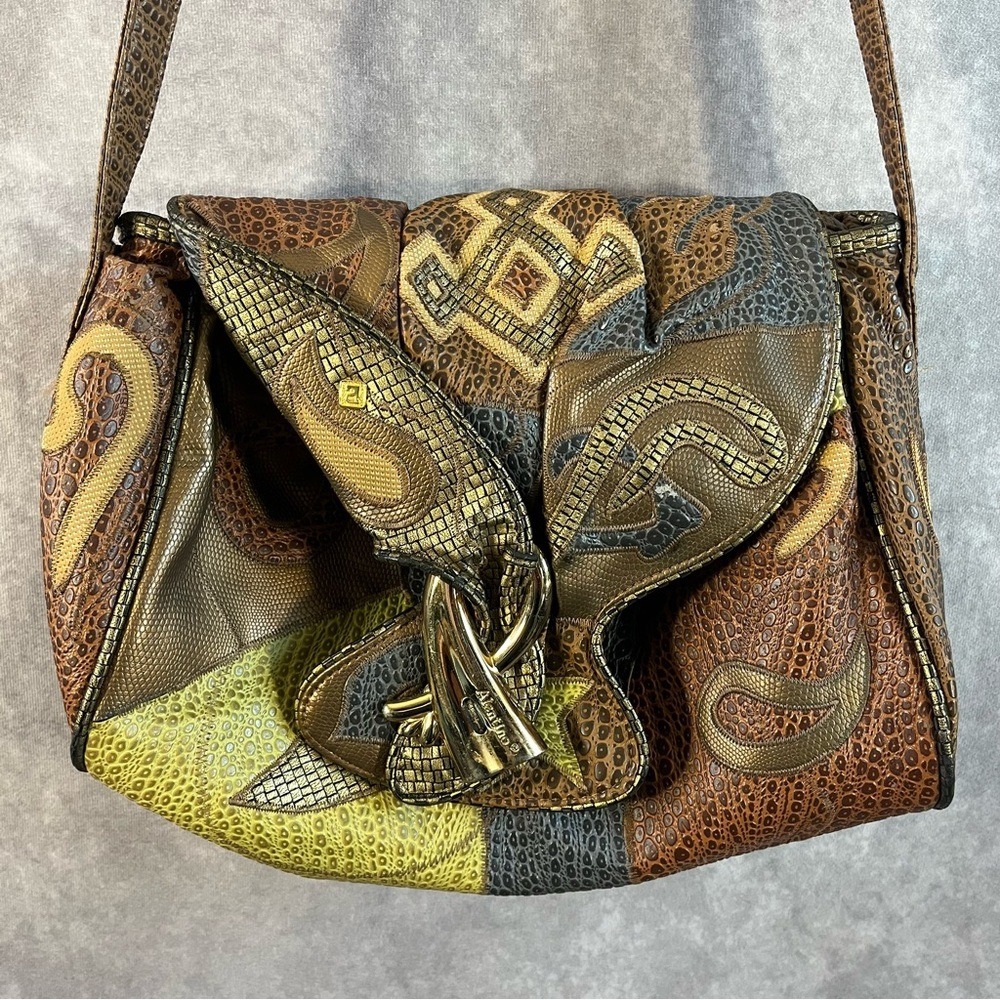NAS A. Valentino Crossbody Bag Women Medium Brown Patchwork Faux Reptile Vintage